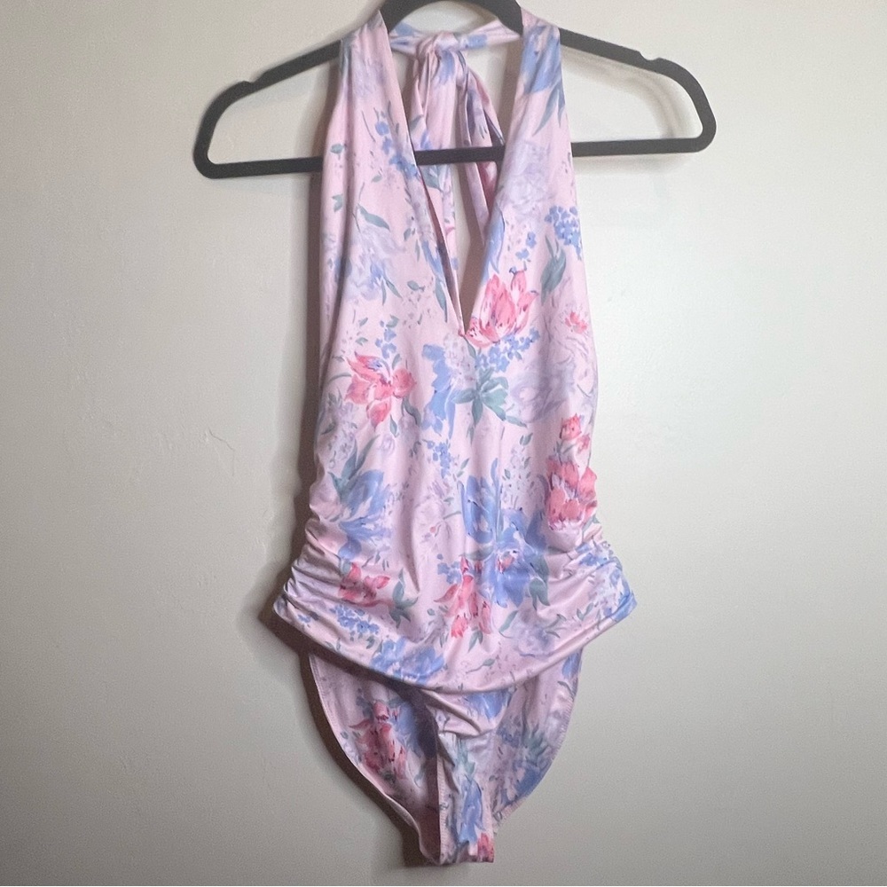 LoveShackFancy Pastel Pink Floral Halter One-Piece Swimsuit